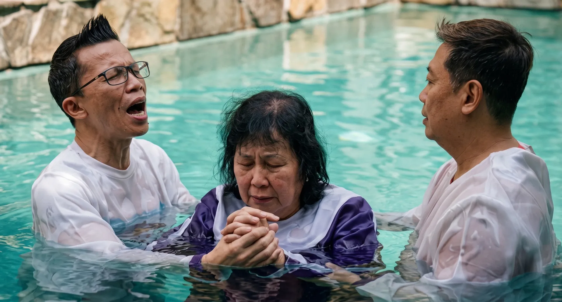 Baptisan ibu di kolam dengan pendeta